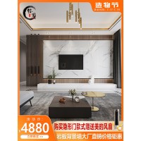 輕墨客廳電視背景墻瓷磚現代輕奢懸空巖板大板大理石影視墻網紅款
